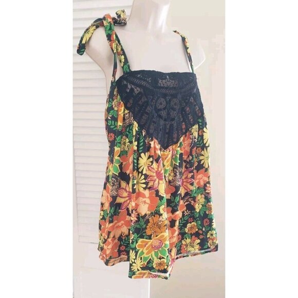 NEW FREE PEOPLE BALI MOROCCAN COLORFUL LACE FRONT TIE STRAP TOP TUNIC SZ SMALL - Picture 5 of 9